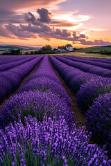 Fototapeta premium A breathtaking sunset washes over vibrant lavender fields, leading to a quaint white farmhouse, evoking peace and tranquility.