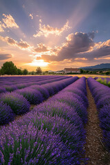 Obraz premium A serene lavender field basks in the golden glow of sunset, where vibrant purple rows meet a picturesque farmhouse under dramatic clouds.