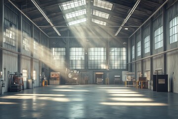 Obraz premium Sunlight Streaming Through Windows in an Empty Industrial Warehouse Interior