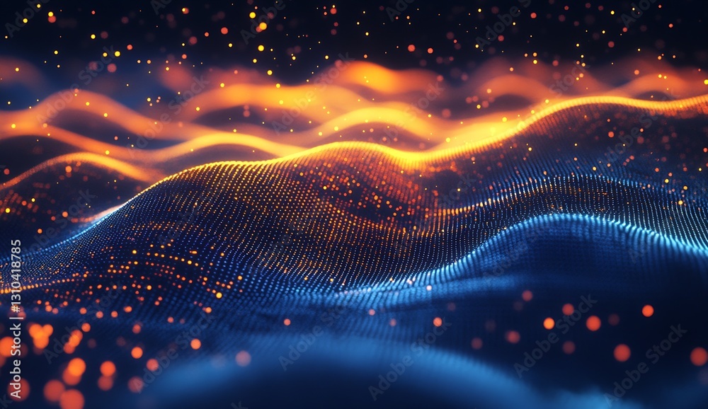 Poster Enchanting visual of glowing waves and particles forming an expressive orange and blue backdrop : Generative AI