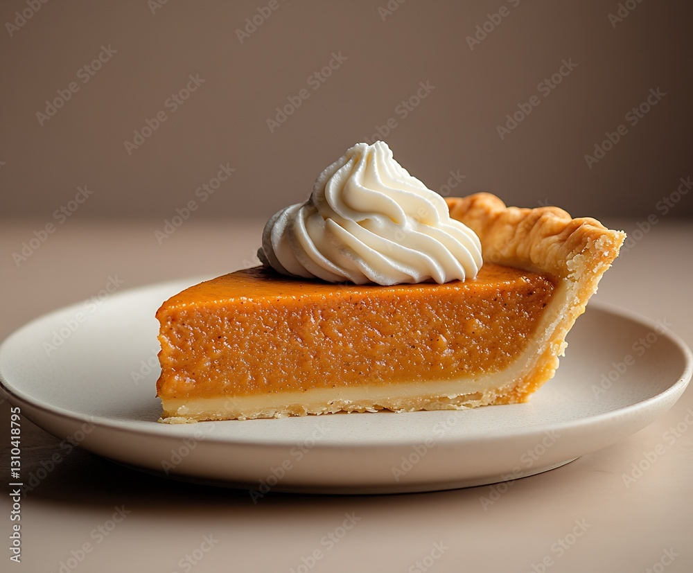Poster delicious slice of pumpkin pie topped with whipped cream on a cream plate : generative ai