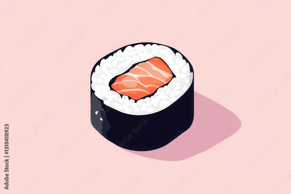 Poster flat sushi roll icon featuring salmon on rice with seaweed in a clean minimal style, ideal for japan