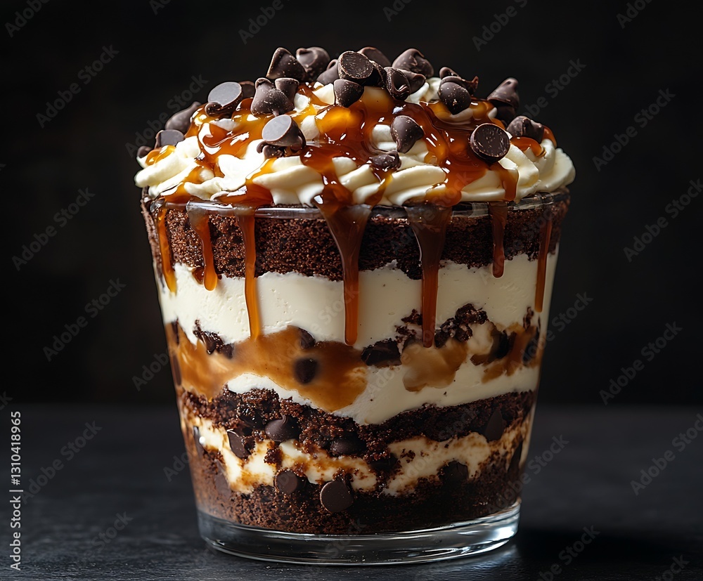 Aufkleber tempting dessert with layers of chocolate cake cream and caramel sauce served in a glass container :