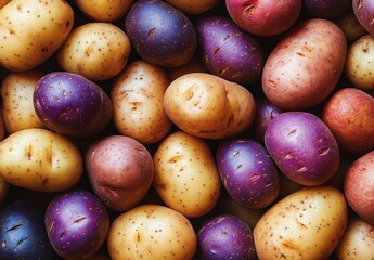 Assorted Fresh Potatoes in Varying Shapes and Colors on Wooden Surface for Culinary and Farm Fresh Themes