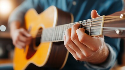 Fototapeta premium Adult boy playing guitar passionately in a cozy indoor setting