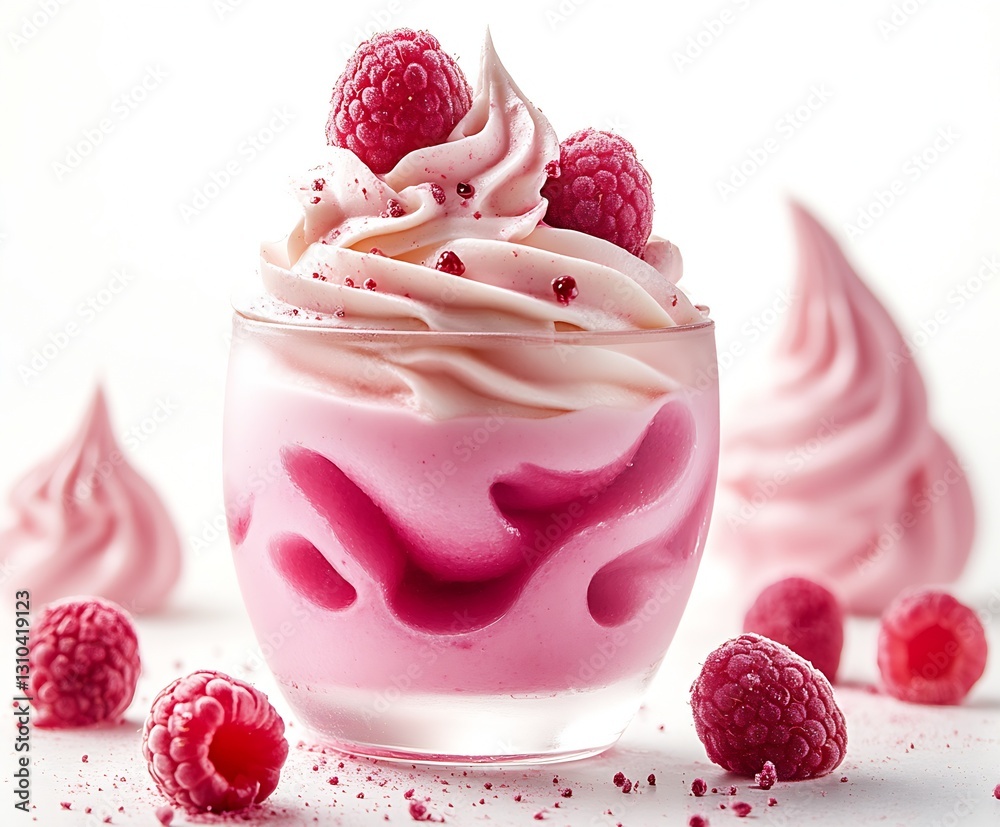Poster Delicious Raspberry Swirl Soft Serve Ice Cream in a Glass Cup with Fresh Berries on Top : Generative AI