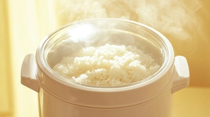 A rice cooker with a glass lid revealing steaming hot rice inside on a pastel yellow background.