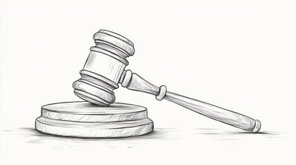 Courtroom Gavel Sketch; Legal Proceedings Illustration; Background White Surface