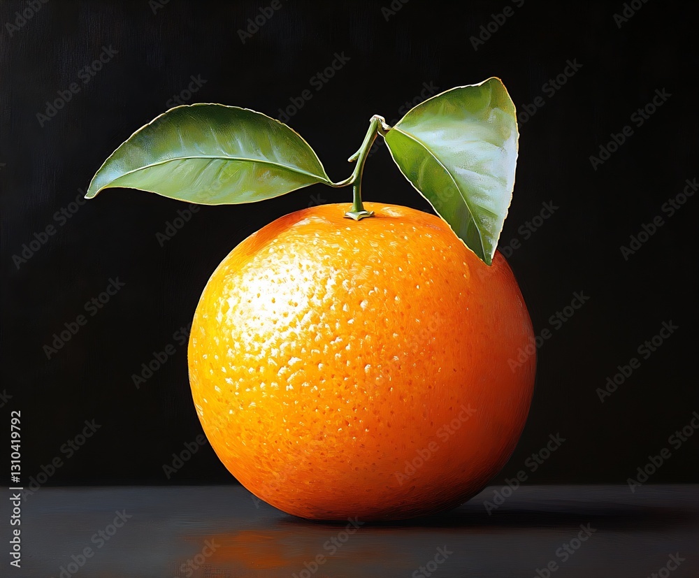 Poster juicy orange fruit with a single green leaf on a dark surface emphasizing its vibrant color and fres