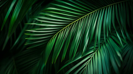 A close-up view of vibrant palm leaves, showcasing their intricate textures and rich green hues in a tranquil setting.