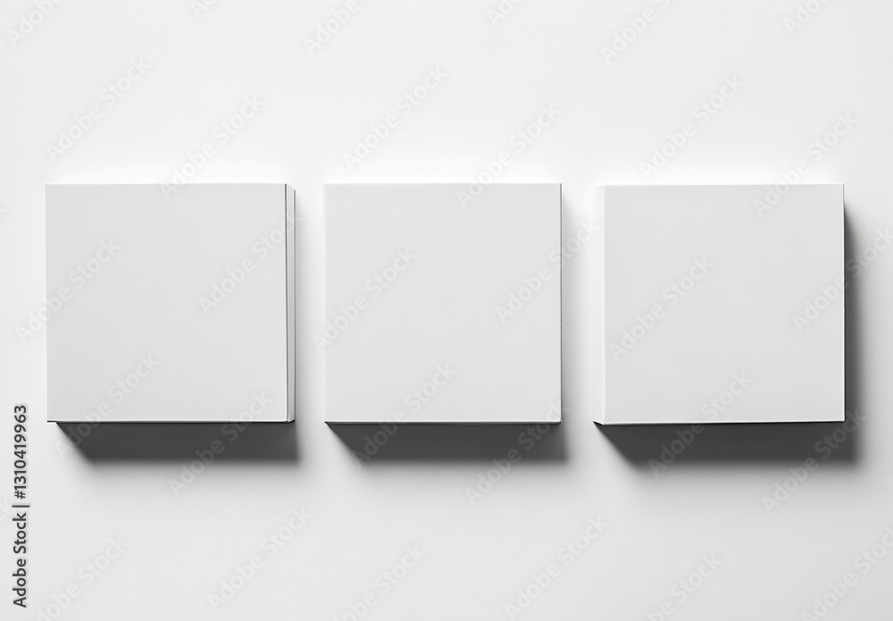 Poster Three minimalistic square boxes in pristine white color positioned on a smooth white surface : Generative AI