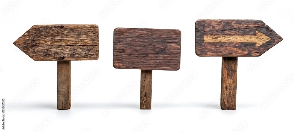 Poster set of three wooden directional signs with unique designs set against a clean white background : gen