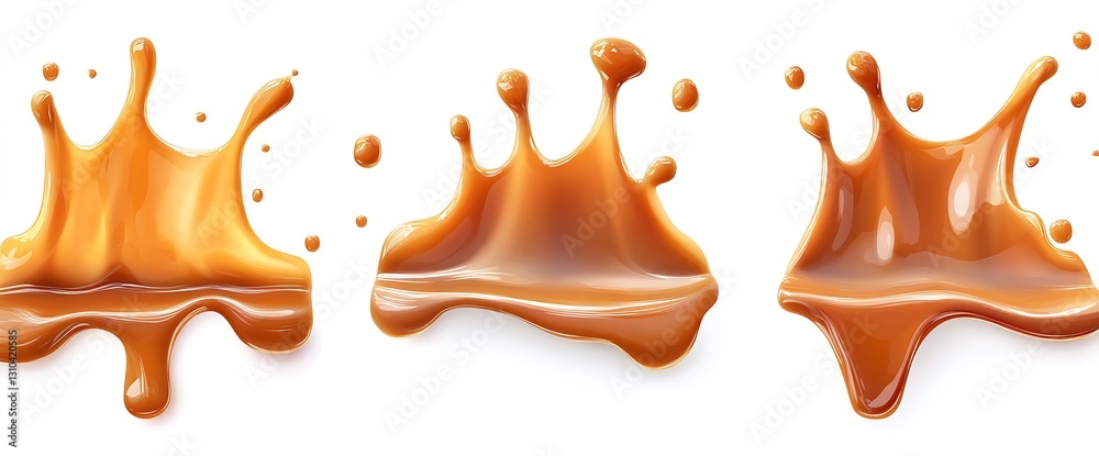 Poster Three unique splashes of rich amber liquid demonstrate the captivating beauty of fluid dynamics in art : Generative AI