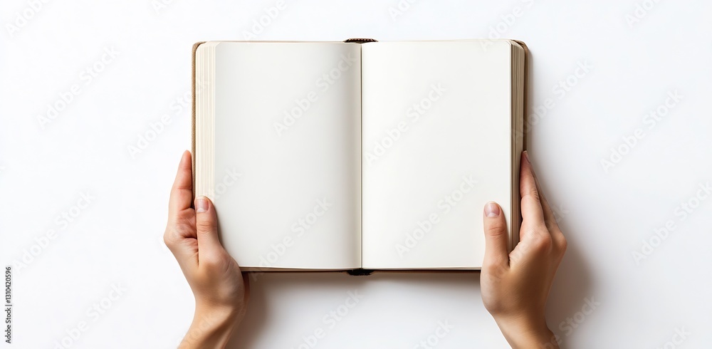 Poster two hands holding an open blank book inviting creativity and imagination with a minimalist aesthetic