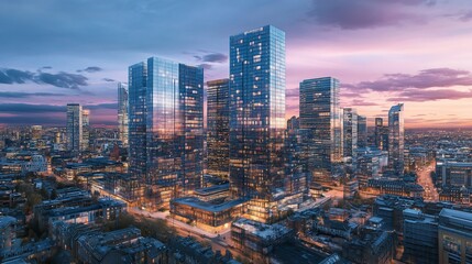 Cityscape Sunset Aerial View of Modern Skyline