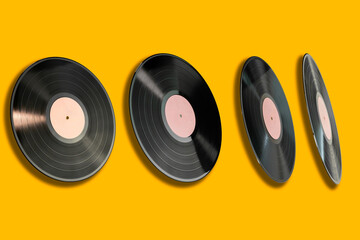 Floating vinyl records in perspective on a yellow background