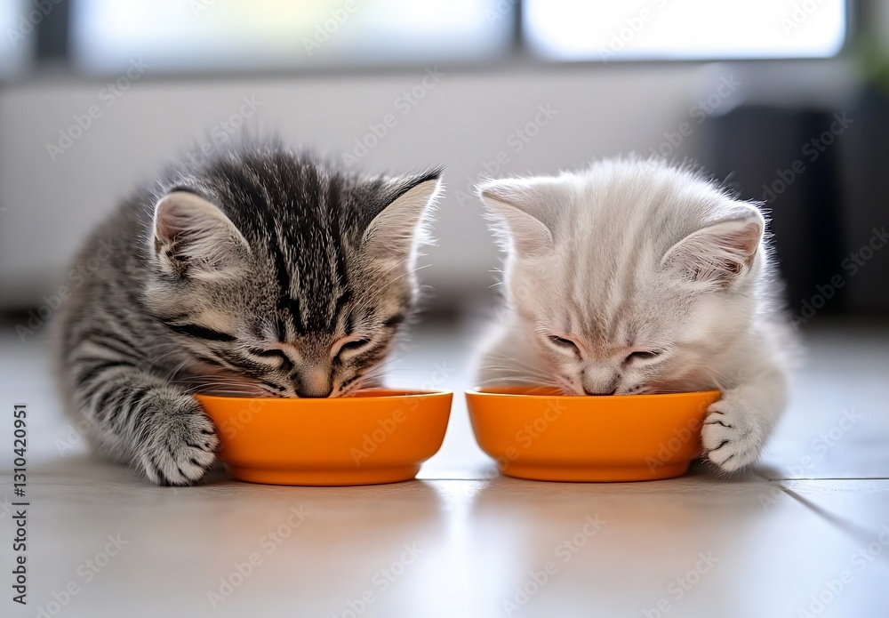 Poster two kittens with different fur colors sharing their food in a cheerful atmosphere : generative ai
