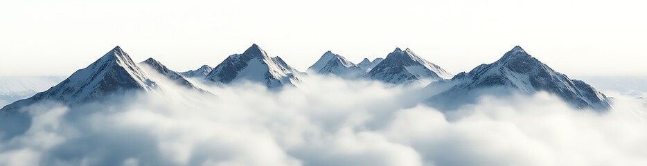Majestic mountain range emerging through fluffy white clouds in a stunning panoramic view : Generative AI
