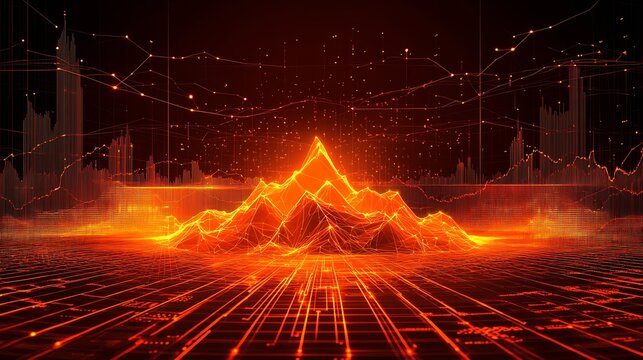 Futuristic data visualization with glowing mountains and technical graphs against a dark background : Generative AI