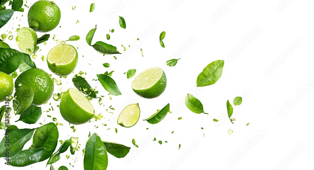 Aufkleber Fresh Limes and Green Leaves Splashing in a Bright White Background : Generative AI