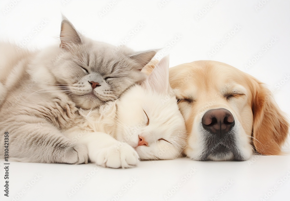 Poster charming cat and dog together in a cozy cuddle with soft white background : generative ai