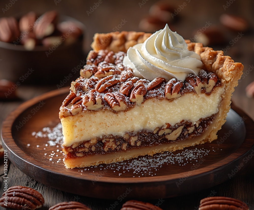 Poster deliciously sweet pecan pie slice with whipped cream served on rustic wooden table : generative ai