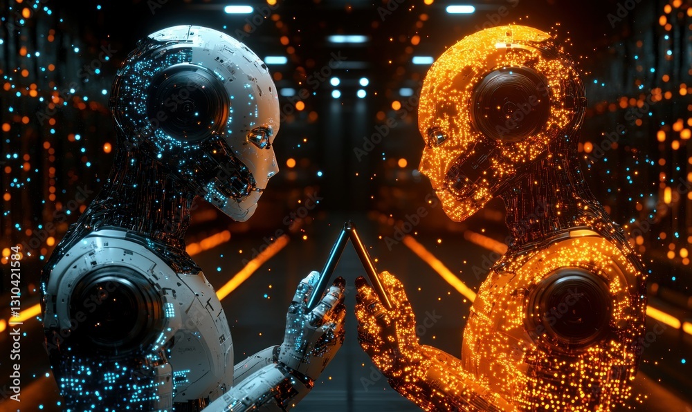 Poster futuristic robots interacting with digital data in a high-tech environment