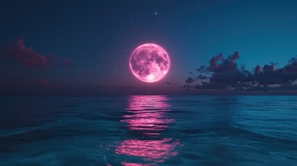 Pink full moon rising over calm ocean at night.