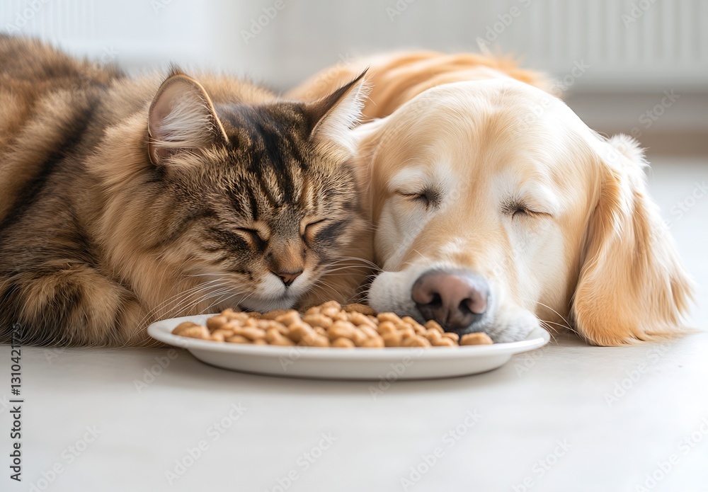 Poster adorable cat and dog resting peacefully together with their snacks on the table : generative ai