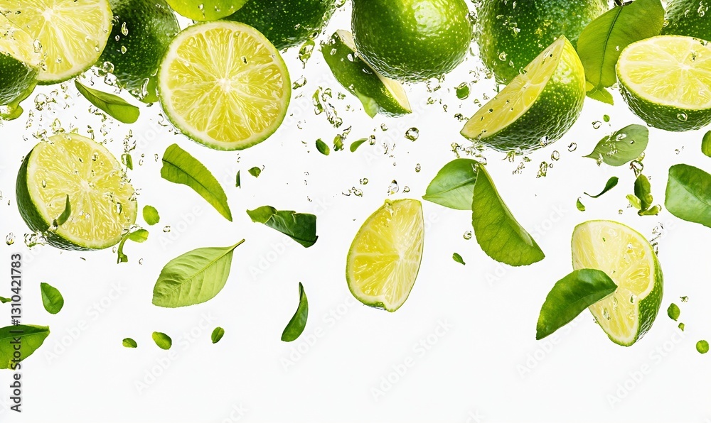 Poster citrus limes and leaves in motion against a pure white background : generative ai