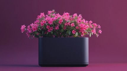 A sleek black square planter with blooming azaleas against a bold dark purple backdrop.