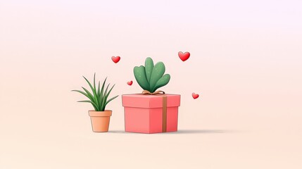 Pink gift box with plant and hearts.