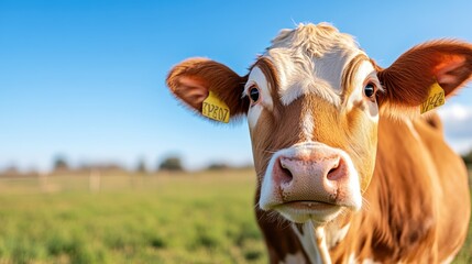 Cow enjoying the green grassland under a clear blue sky