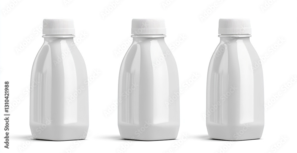 Aufkleber Three elegant white milk bottles lined up in a row against a clean background : Generative AI