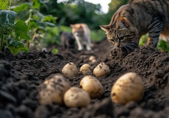 Cats in a Vegetable Garden Exploring Freshly Harvested Potatoes Surrounded by Lush Greenery Under a Bright Sunny Sky
