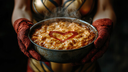 Superheroine with red gloves holds a golden pie with a red heart in the center. Generated with AI