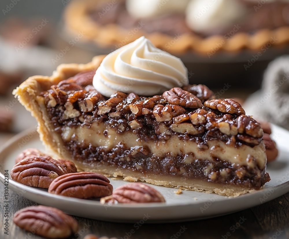 Poster luxurious pecan pie featuring luscious filling and perfectly flaky crust for indulgent dessert exper