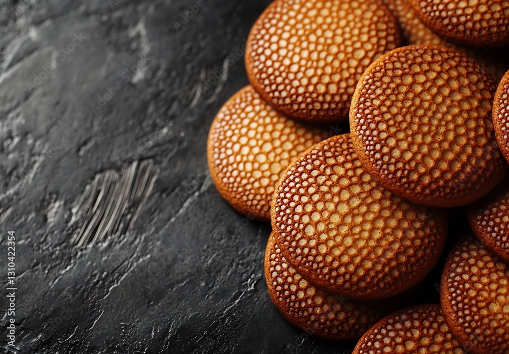 Poster Delicious round cookies with textured surface stacked on a dark slate background : Generative AI