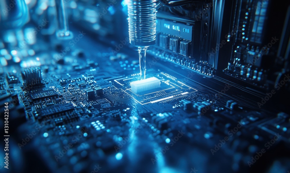 Poster close-up of advanced technology process on circuit board with high-tech features, robotics, and prec