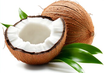 Halved coconut showcasing the creamy flesh with green palm leaves in the background : Generative AI