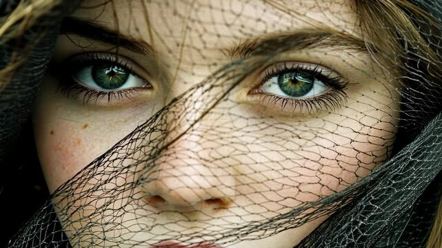 Close-up of a young woman with striking eyes veiled by a delicate netting in natural light showcasing elegance and emotion