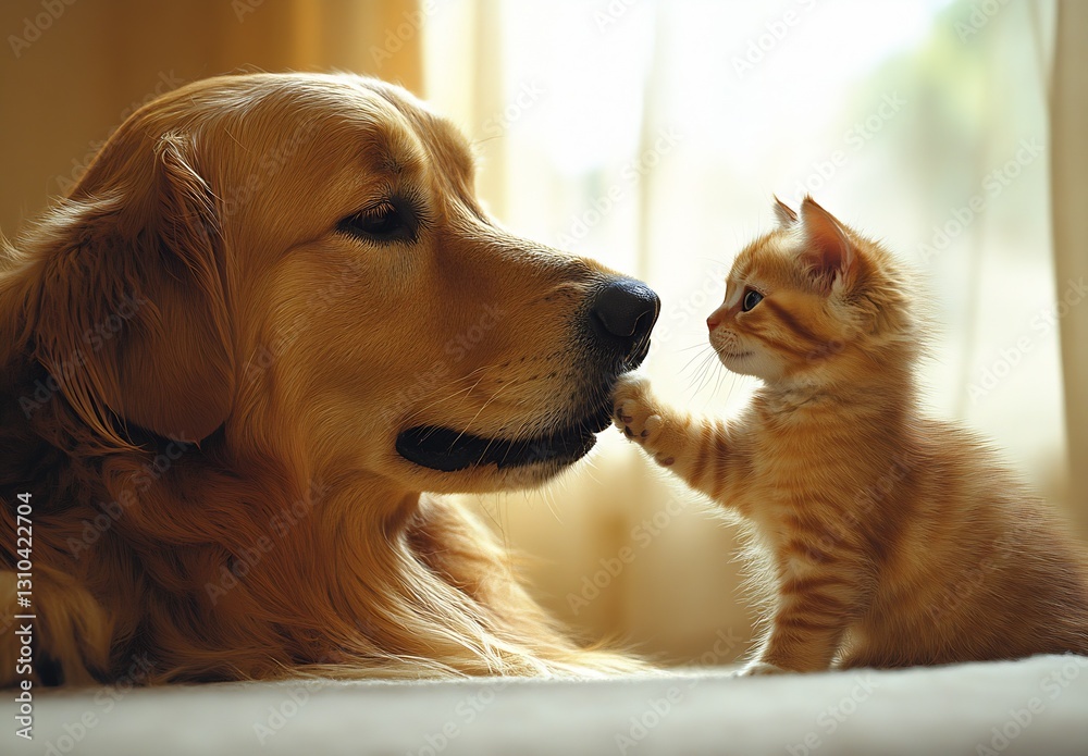 Poster golden retriever and playful ginger kitten share a cute moment of gentle interaction : generative ai