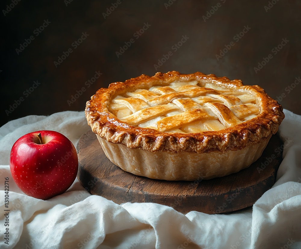 Poster freshly baked apple pie with a golden crust and a bright red apple on a wooden surface : generative 