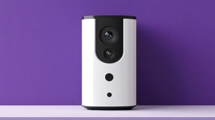 A smart doorbell camera with motion detection on a bold purple background.
