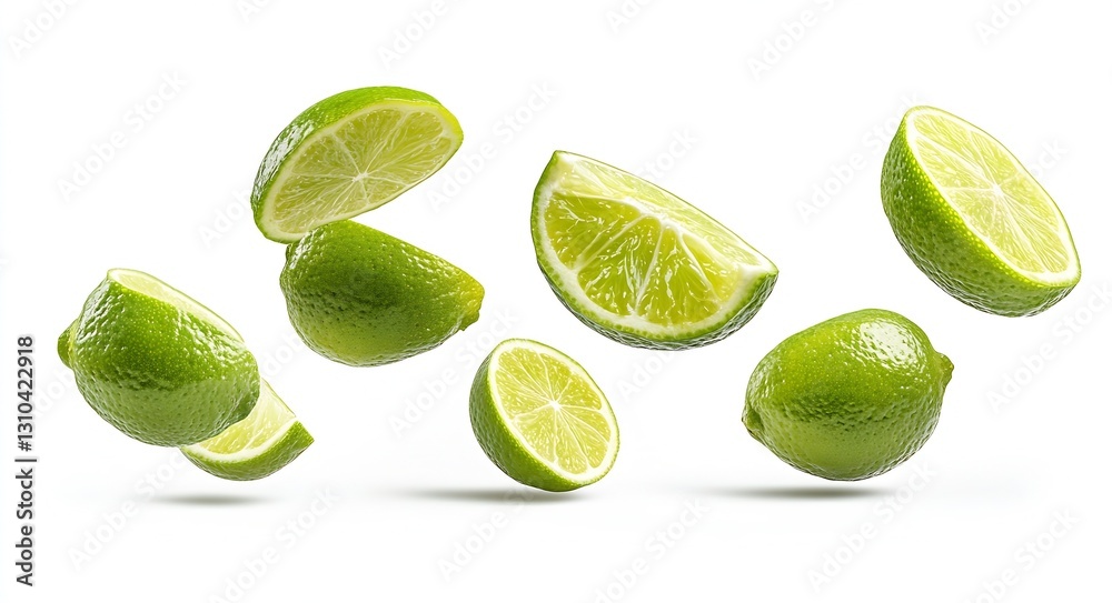 Aufkleber airborne limes and fresh lemon slices captured in midair on a white backdrop : generative ai