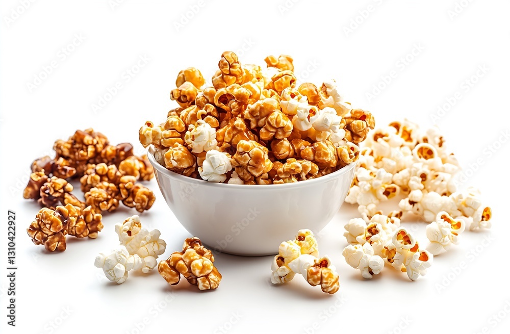 Poster delicious assortment of popcorn in various flavors presented in a bowl with a white background : gen