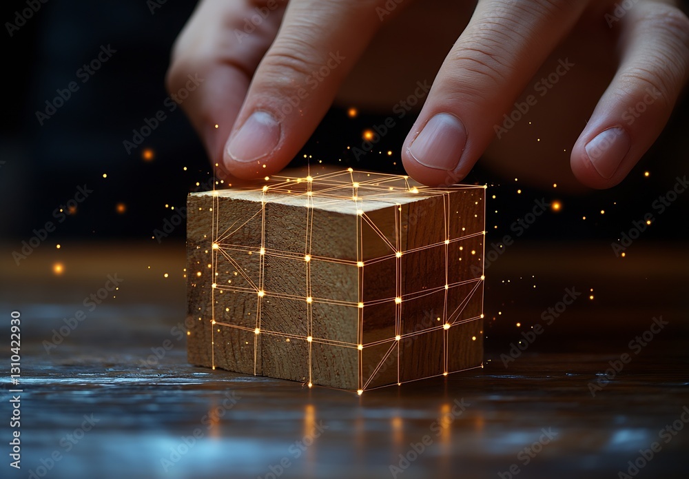 Poster Close up of a hand interacting with a glowing wooden cube on a dark table : Generative AI
