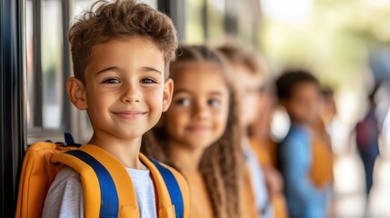 Mixed-race schoolchildren boarding bus for new academic year