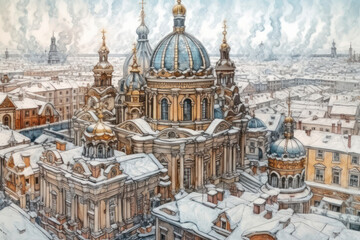 Obraz premium winter cityscape with a view of the majestic cathedral in the center. the impression of a fresh and frosty morning.