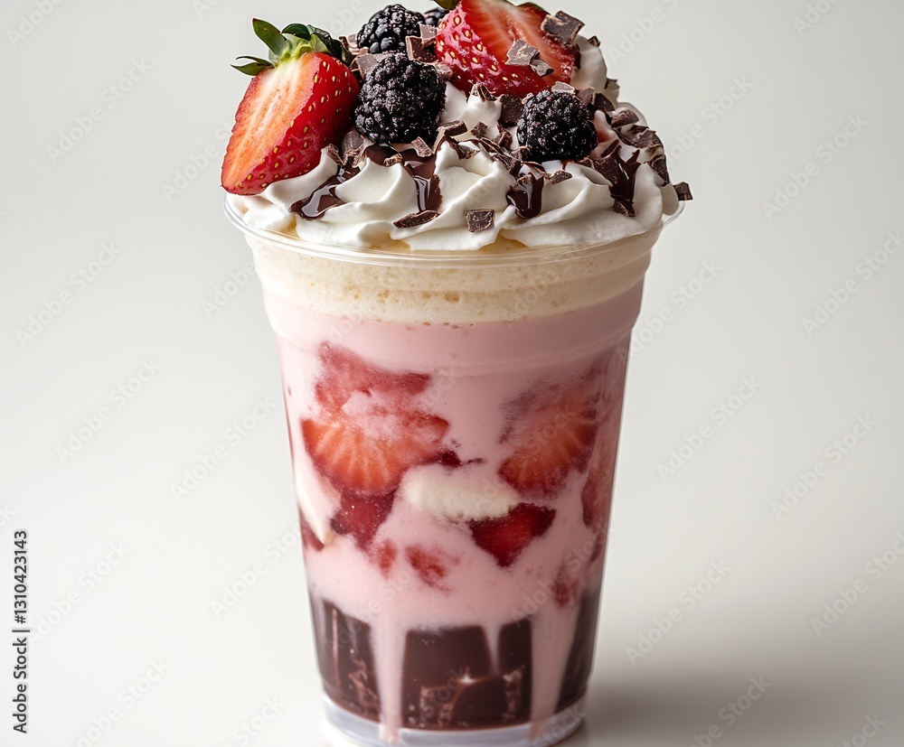 Poster refreshing berry dessert topped with strawberries and blackberries served in a clear cup for enjoyme